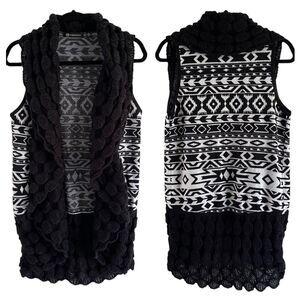 Versona Black White Fair Isle Cardigan Vest S Longline Western Aztec Open Front